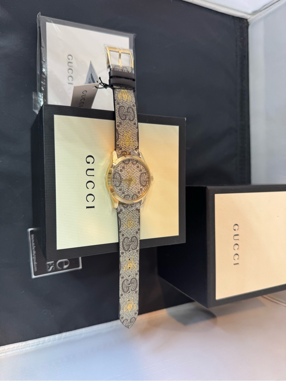 Gucci Beige GG Canvas Watch with Gold-Tone Case and Brown Accents